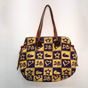 Dooney & Bourke Yellow Purple Canvas Brown Leather Strap Tote Bag
